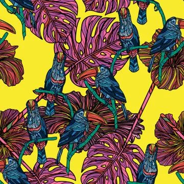 Seamless pattern with hibiscus flowers, tropical leaves and toucans. Stock Illustration