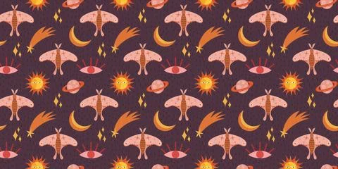 Seamless pattern highlighting a whimsical moth, eye, sun and moon, stars. D.. Stock Illustration