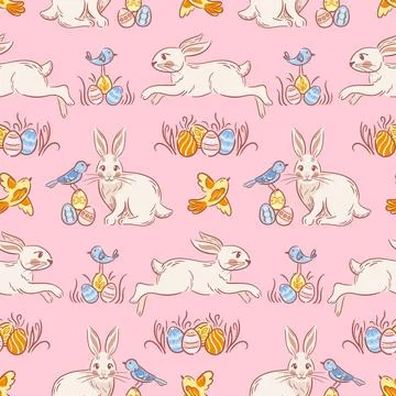 This seamless pattern highlights playful Easter bunnies, joyful birds, and in Stockillustratie