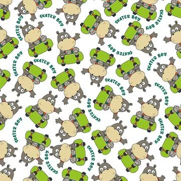 Seamless pattern with hippo on skate board, For fabric textile, Stock Illustration