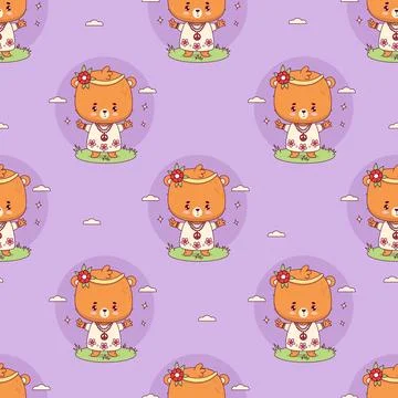 Seamless pattern with hippy bear girl on purple background. Funny retro gro.. 库存插图