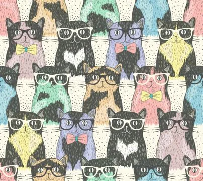 Seamless pattern with hipster cute cats for children Stock Illustration