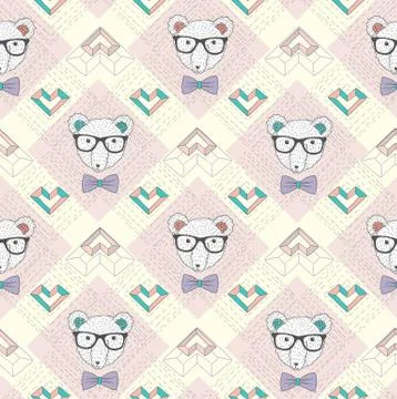 Seamless pattern with hipster polar bear and hearts. cute background for chil Stock Illustration