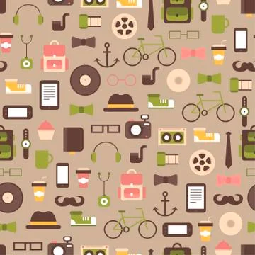 Seamless pattern of hipster vector colorful style elements and icons set for Stock Illustration