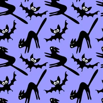 Seamless pattern with a hissing angry black witch cat and bats. Happy Hallowe 스톡 일러스트