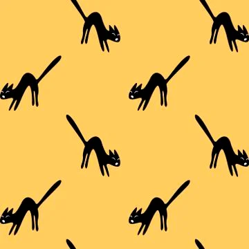 Seamless pattern with hissing angry black witch cat. Happy Halloween. Texture 스톡 일러스트