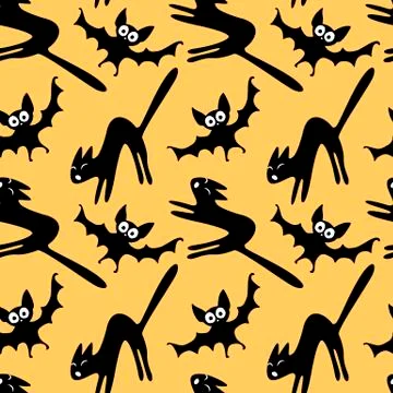 Seamless pattern with a hissing angry black witch cat and bats. Happy Hallowe 스톡 일러스트