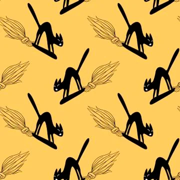 Seamless pattern with hissing angry black witch cat on broom. Happy Halloween 스톡 일러스트