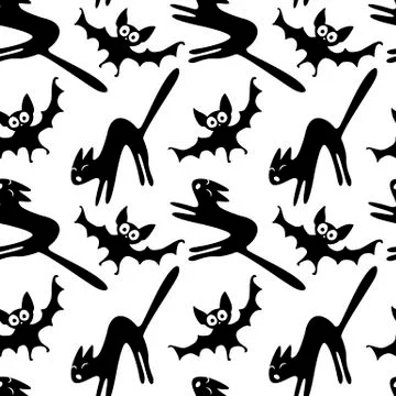 Seamless pattern with a hissing angry black witch cat and bats. Happy Hallowe 스톡 일러스트