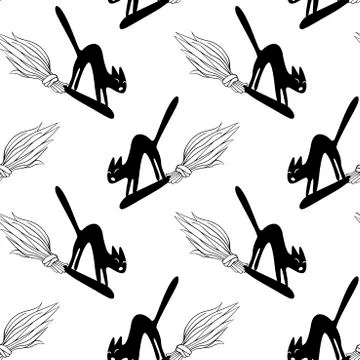 Seamless pattern with hissing angry black witch cat on broom. Happy Halloween 스톡 일러스트