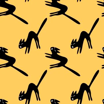 Seamless pattern with hissing angry black witch cat. Happy Halloween. Texture 스톡 일러스트
