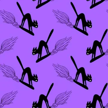 Seamless pattern with hissing angry black witch cat on broom. Happy Halloween 스톡 일러스트