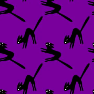 Seamless pattern with hissing angry black witch cat. Happy Halloween. Texture 스톡 일러스트