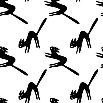 Seamless pattern with hissing angry black witch cat. Happy Halloween. Texture 스톡 일러스트