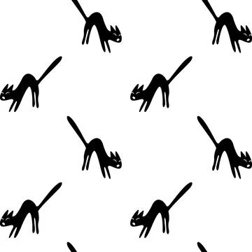 Seamless pattern with hissing angry black witch cat. Happy Halloween. Texture 스톡 일러스트