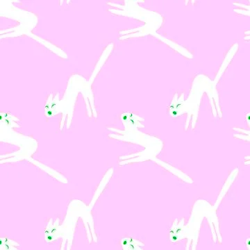 Seamless pattern with hissing angry white cat isolated on pink. Textured back Stock-Illustration
