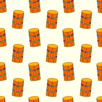 Seamless Pattern with Holi Drums Dhol elements. Stock Illustration