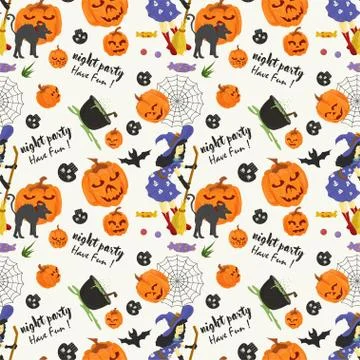 Seamless pattern for holiday design all saints eve Halloween Witch with broom Stock Illustration
