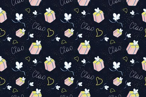 Seamless pattern with holiday gift boxes, sketch hand drawn cartoon design 스톡 일러스트