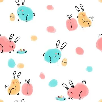 Seamless pattern for holiday Happy Easter. Watercolor bunnies with eggs Stock Illustration
