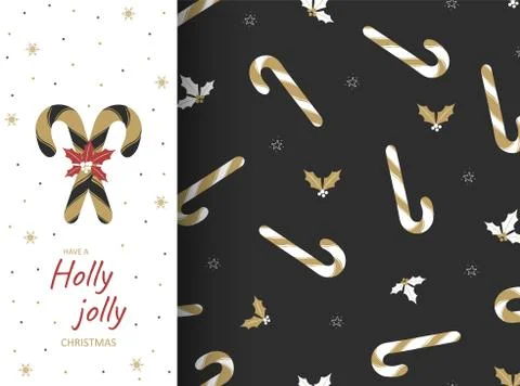 Seamless pattern with holiday lollipops and oak leaves. Christmas postcard Stock Illustration