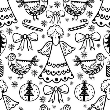 Seamless pattern holiday Merry christmas. Sketch doodle trendy style. Stock Illustration