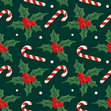 Seamless pattern with holly and candy canes, vector illustration. Stock Illustration