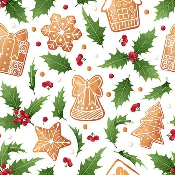 Seamless pattern with holly, berries and gingerbread cookies. Suitable for fa Illustrazione stock