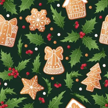 Seamless pattern with holly, berries and gingerbread cookies. Suitable for fa 스톡 일러스트