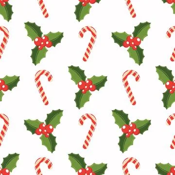Seamless pattern with holly berry and candy cane in polka dot order for Chr.. Stock Illustration