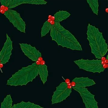 Seamless pattern holly branch with berry and leaves on Black background. de.. Stock Illustration