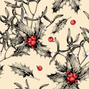 Seamless pattern with holly leaves and mistletoe Stock Illustration