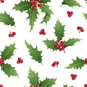 Seamless pattern with holly leaves and berries on a white background. Christm Stock Illustration