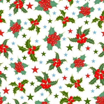 Seamless pattern holly plants and stars Stock Illustration