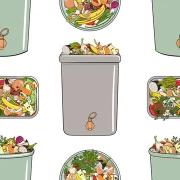 Seamless pattern with home composters, kitchen scraps. Recycling organic wast Stock Illustration