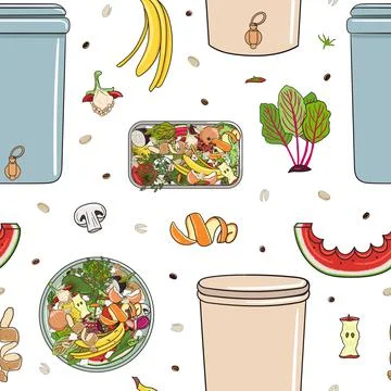 Seamless pattern with home composters, kitchen scraps. Recycling organic wast Stock Illustration