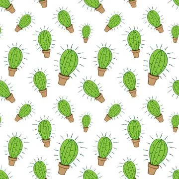 Seamless pattern of home green cactus in brown pot Stock Illustration