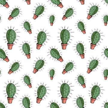 Seamless pattern of home green flat vector cactus in brown pot 스톡 일러스트