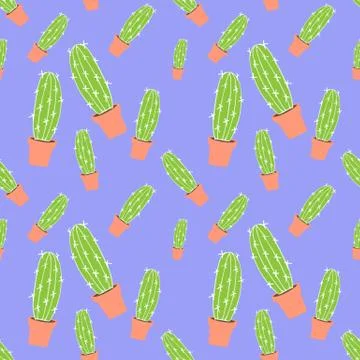 Seamless pattern of home green flat vector cactus in brown  pot Illustrazione stock