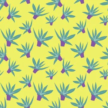 Seamless pattern of home green flat vector aloe in violet pot Stock Illustration