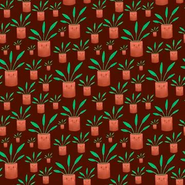 Seamless pattern with home plants in cute pots with faces. Stock Illustration
