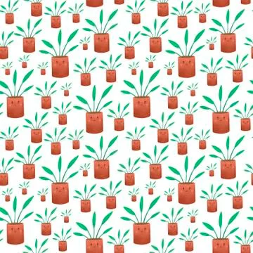 Seamless pattern with home plants in cute pots with faces. Stock Illustration