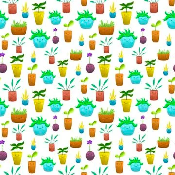 Seamless pattern with home plants in cute pots with faces. Stock Illustration
