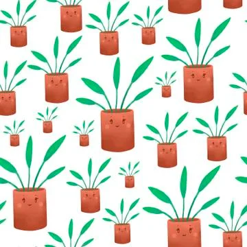 Seamless pattern with home plants in cute pots with faces. Stock Illustration