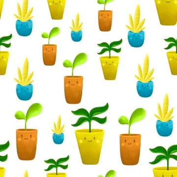 Seamless pattern with home plants in cute pots with faces. Stock Illustration