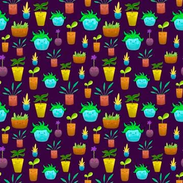 Seamless pattern with home plants in cute pots with faces. Stock Illustration