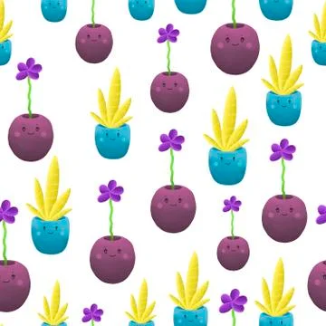 Seamless pattern with home plants in cute pots with faces. Stock Illustration