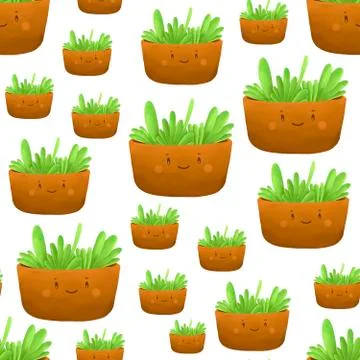 Seamless pattern with home plants in cute pots with faces. Stock Illustration