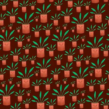 Seamless pattern with home plants in cute pots with faces. Stock Illustration