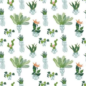 Seamless pattern with home plants, succulents Stock Illustration
